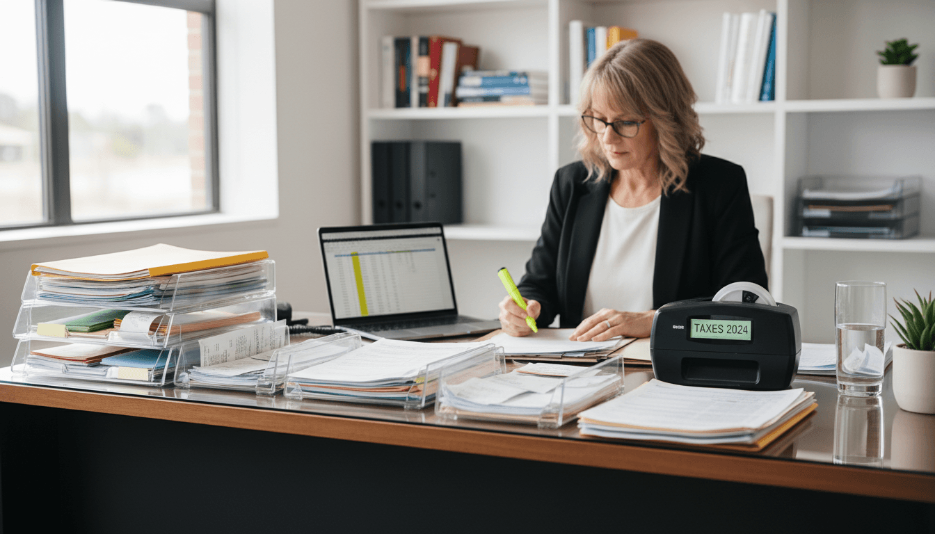 Accountant sorting tax documents and receipts on a clean office desk