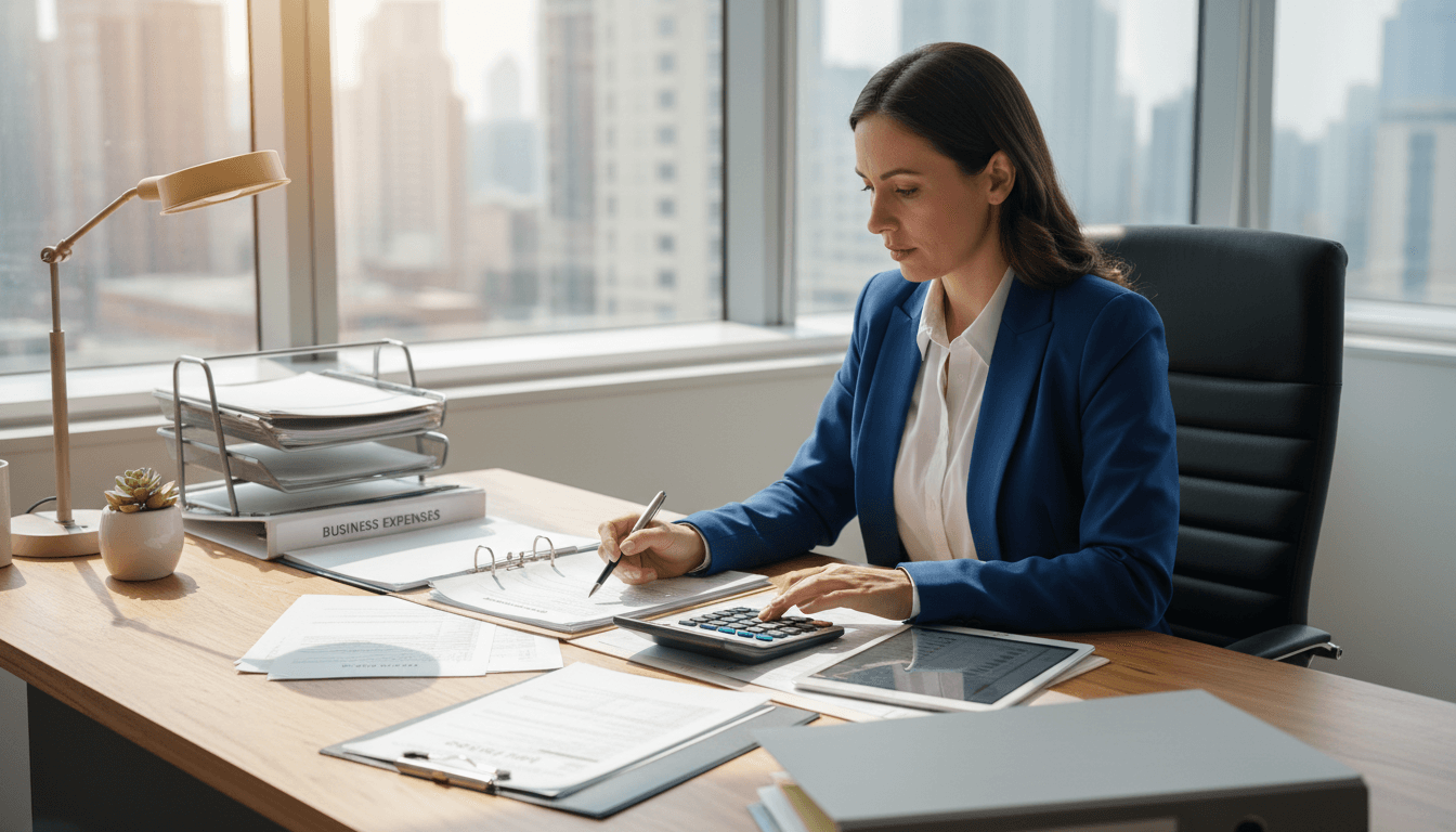 Professional accountant reviewing tax documents at organized desk in bright office