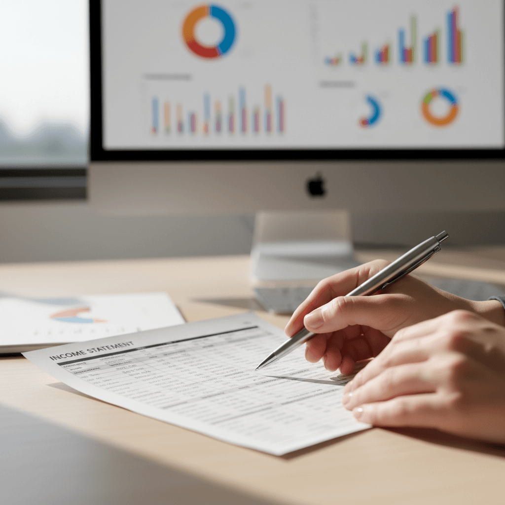 Professional accountant reviewing tax documents at a clean organized desk in a bright modern office