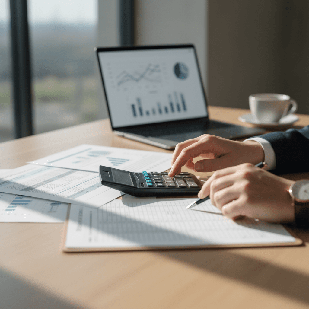 Professional accountant reviewing documents with a client at a modern office desk