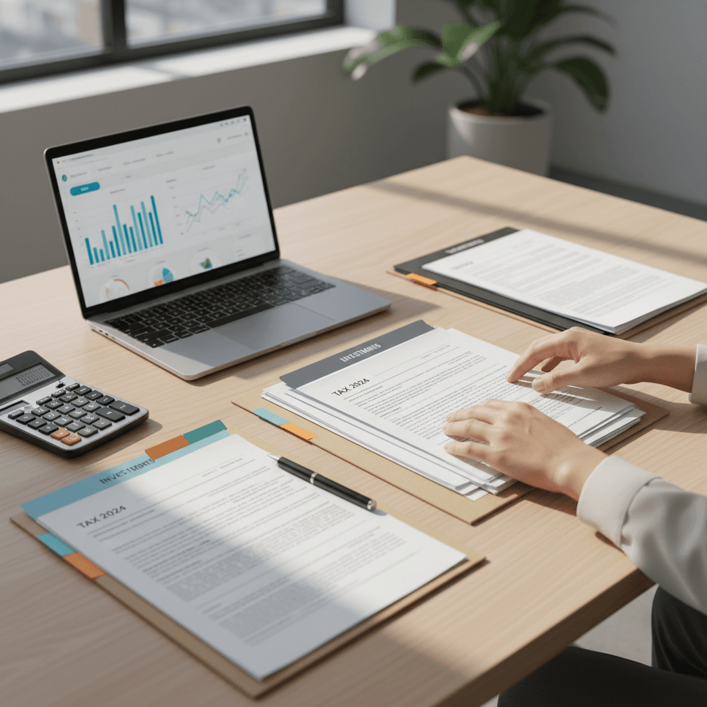 Organized tax documents and calculator on a clean office desk