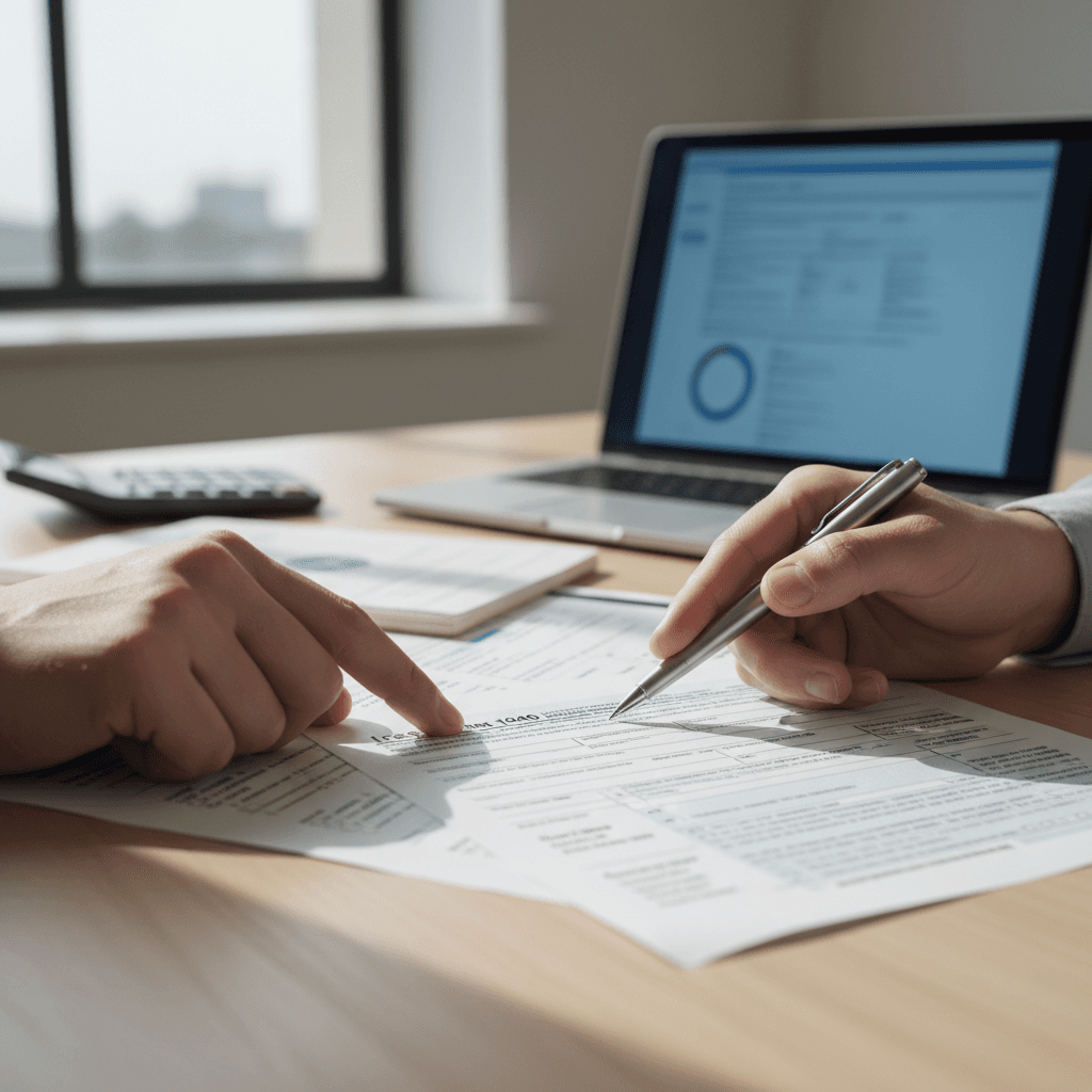 Professional accountant reviewing tax documents in a bright modern office