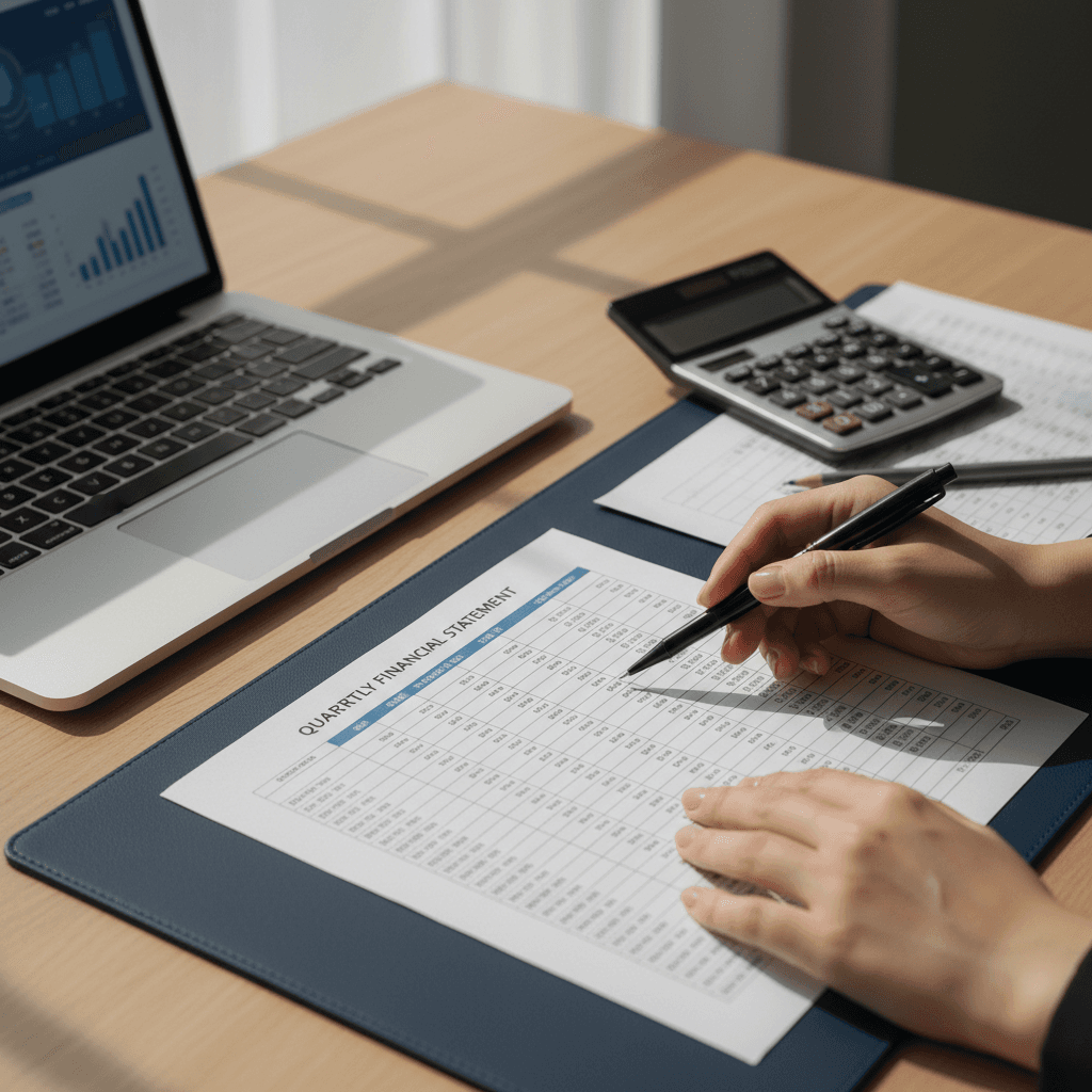 Accountant organizing financial documents at a clean desk