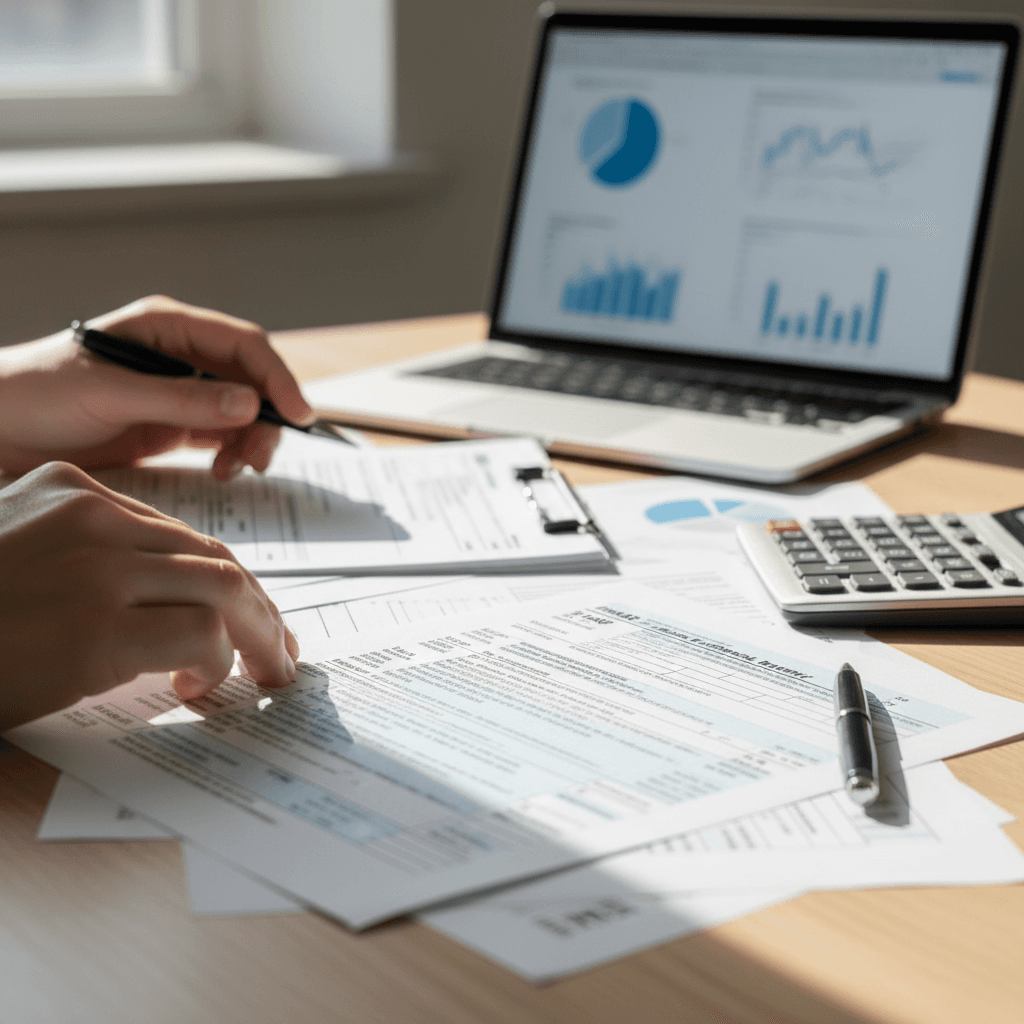 Professional accountant reviewing tax documents at a clean modern desk