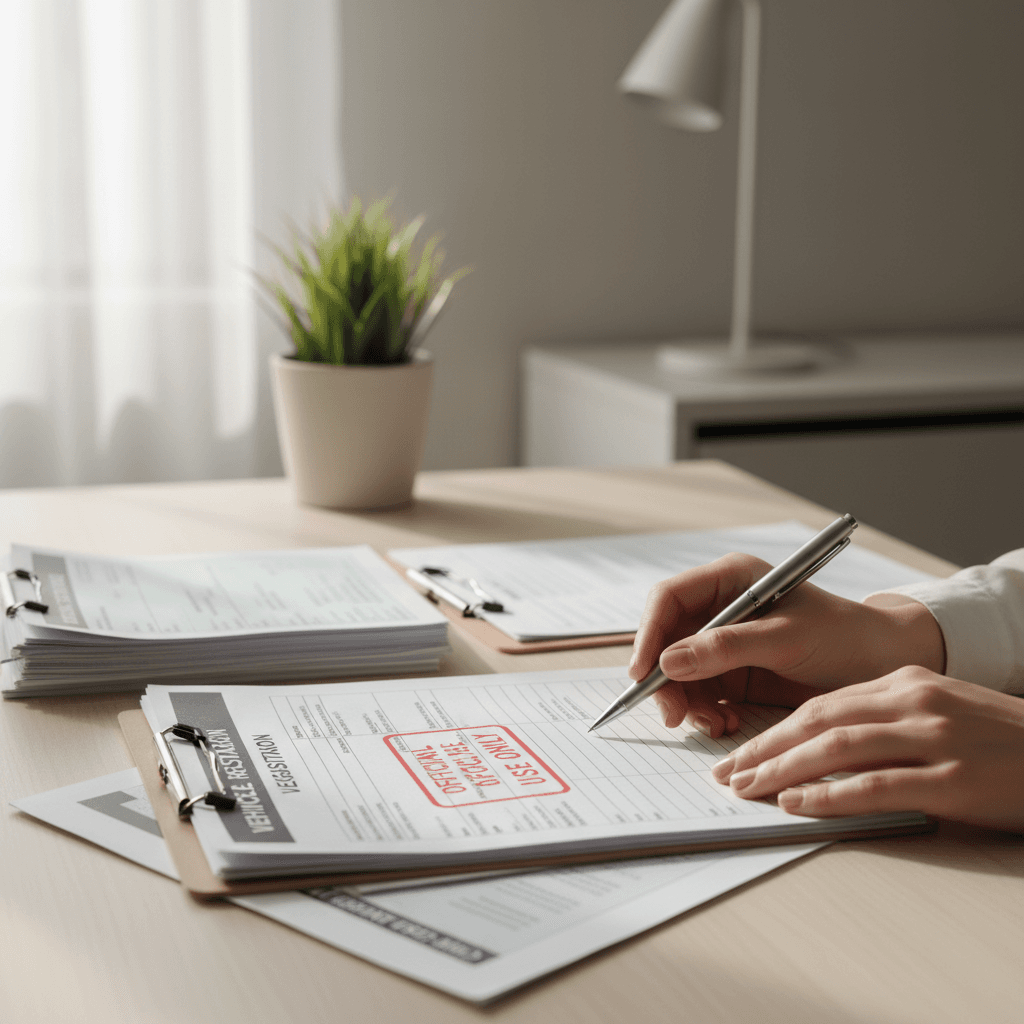 Filing paperwork into a cabinet with a checklist in hand