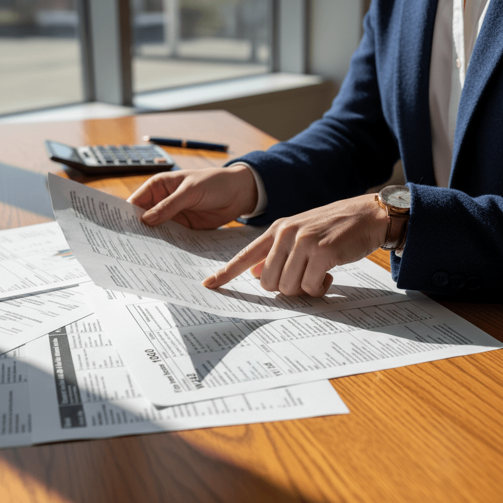 Accountant discussing tax paperwork with a client at a clean office desk