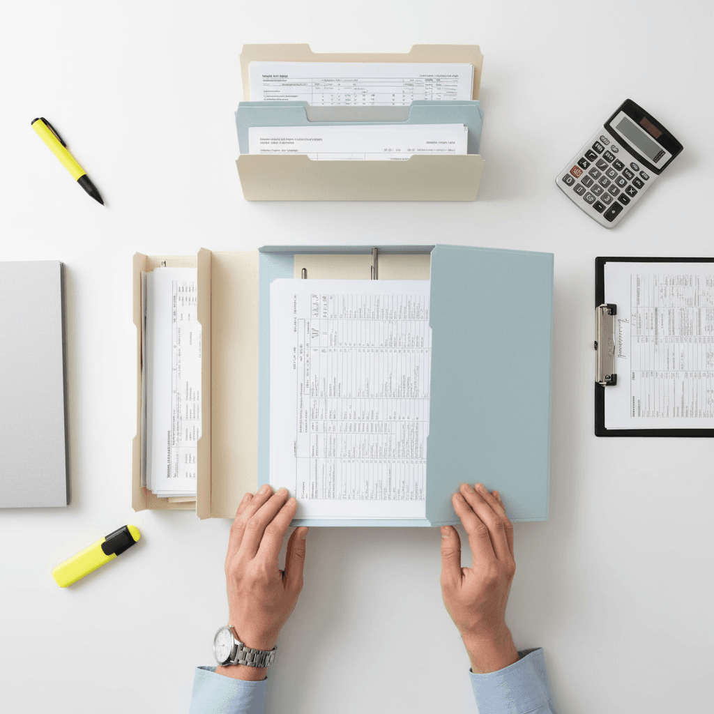 Tax documents organized neatly in labeled folders on a desk