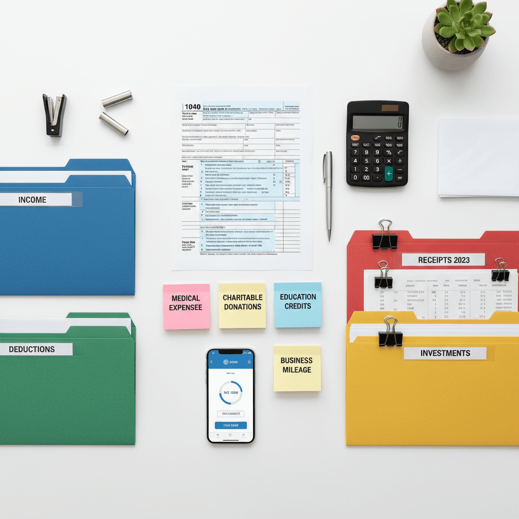 Tax forms and calculator arranged on a tidy workspace